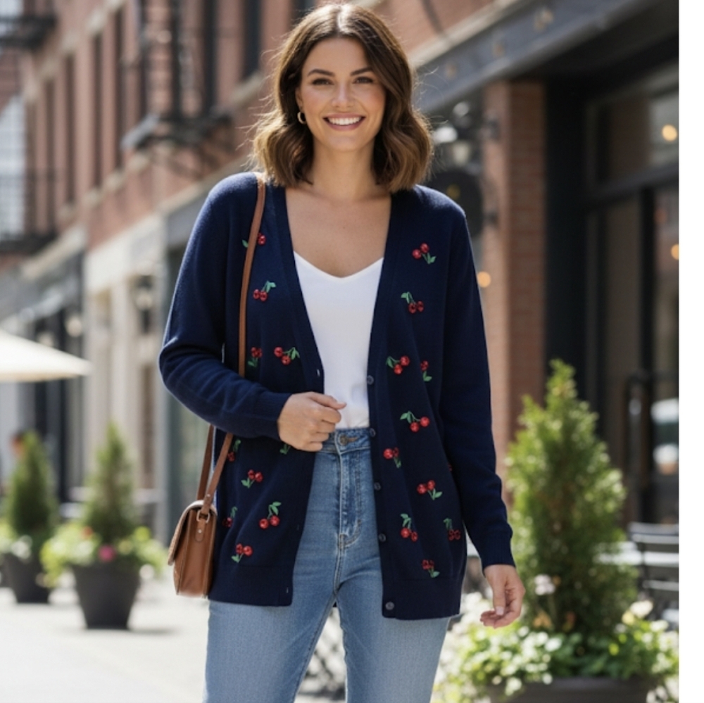 7th Avenue Design Studio New York Company Cherries Cardigan Button Down Large